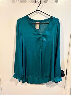 dolan Teal V-Neck Long Sleeve Blouse with Button Detail